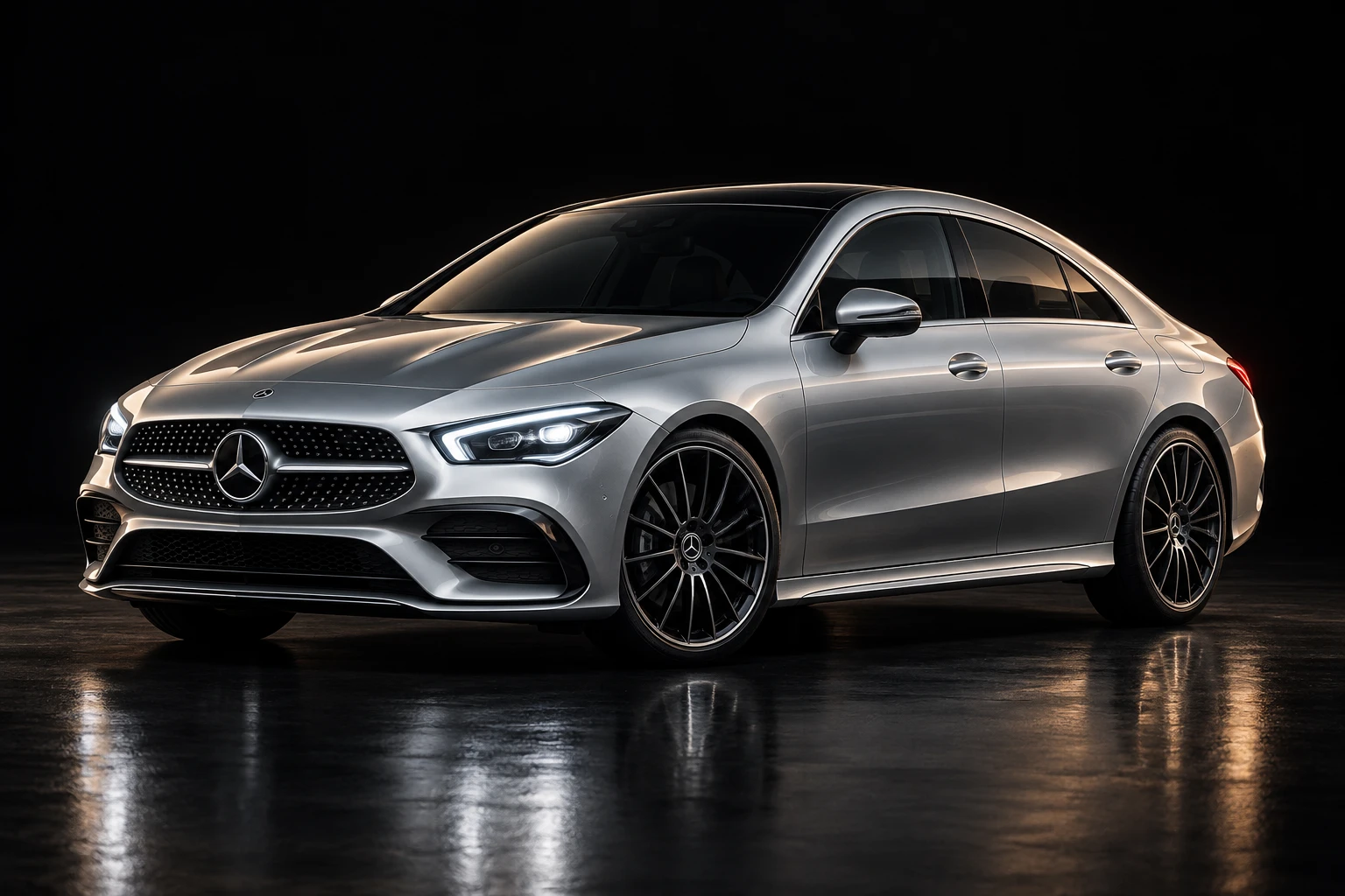 Silver CLA-inspired coupe in a dark showroom